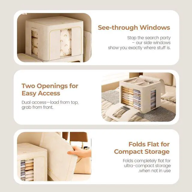 Alt view image 4 of 7 - 3Pack 60L Large Cloth Storage Bins with Metal Frame, Linen Storage Box with Clear Window, Stackable Sweater Storage for Closet, Clothes Containers for Comforters, Blankets, Quilts, T-shirt