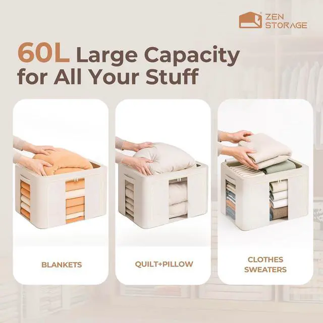 Alt view image 5 of 7 - 3Pack 60L Large Cloth Storage Bins with Metal Frame, Linen Storage Box with Clear Window, Stackable Sweater Storage for Closet, Clothes Containers for Comforters, Blankets, Quilts, T-shirt