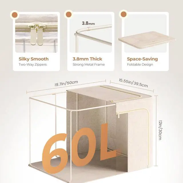 Alt view image 6 of 7 - 3Pack 60L Large Cloth Storage Bins with Metal Frame, Linen Storage Box with Clear Window, Stackable Sweater Storage for Closet, Clothes Containers for Comforters, Blankets, Quilts, T-shirt