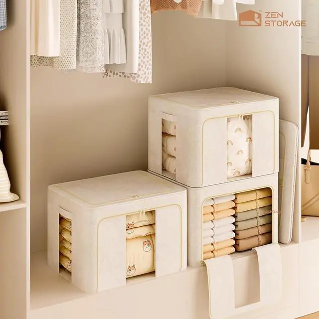 Alt view image 7 of 7 - 3Pack 60L Large Cloth Storage Bins with Metal Frame, Linen Storage Box with Clear Window, Stackable Sweater Storage for Closet, Clothes Containers for Comforters, Blankets, Quilts, T-shirt