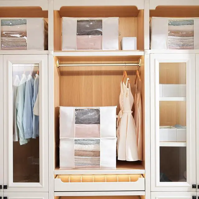 Alt view image 5 of 7 - TYEERS Large Storage Bags with Zipper and Clear Window, Cotton Blended Fabric Storage Containers for Seasonal Clothes and Bedding, 23.6x15.7x13.8 Inches, 4-Pack, Beige