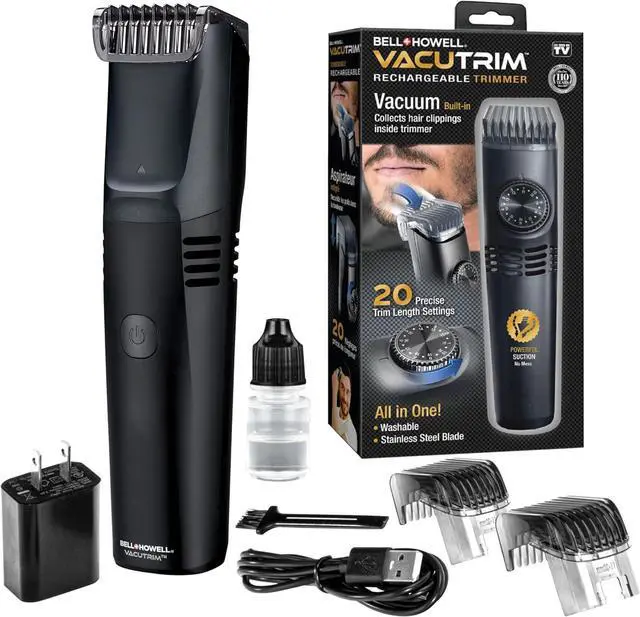 Main image of Vacutrim Cordless Mens Beard Trimmer, Rechargeable Electric Shaver with 20 Trim Setting Calibration Dial and Built-in Vacuum for Mustache, Sideburns. Facial Hair, Black, 7.5", As Seen On TV