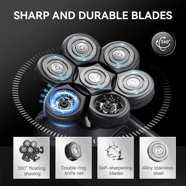 Alt view image 3 of 7 - 7D Head Shavers for Bald Men - 5 in 1 kensen Electric Head Hair Shaver, Head Electric Razor with Nose Hair & Beard Trimmer Cordless Rechargeable IPX6 Waterproof Wet Dry LED Display Gifts Travel Case