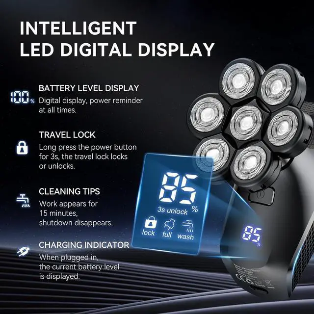 Alt view image 5 of 7 - 7D Head Shavers for Bald Men - 5 in 1 kensen Electric Head Hair Shaver, Head Electric Razor with Nose Hair & Beard Trimmer Cordless Rechargeable IPX6 Waterproof Wet Dry LED Display Gifts Travel Case