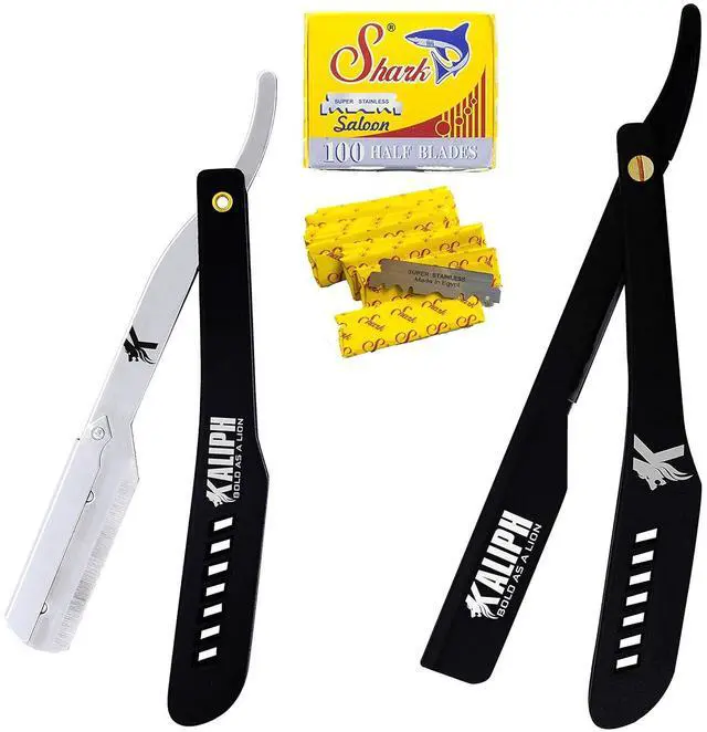 Main image of Kaliph Professional Straight Razor For Men - Premium Pack of 2 Straight Edge Barber Razor With 100 Blades - Smooth Shaving Men's Manual Cut Throat Shaver Safety Kit (Black)