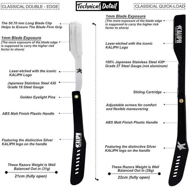Alt view image 4 of 7 - Kaliph Professional Straight Razor For Men - Premium Pack of 2 Straight Edge Barber Razor With 100 Blades - Smooth Shaving Men's Manual Cut Throat Shaver Safety Kit (Black)