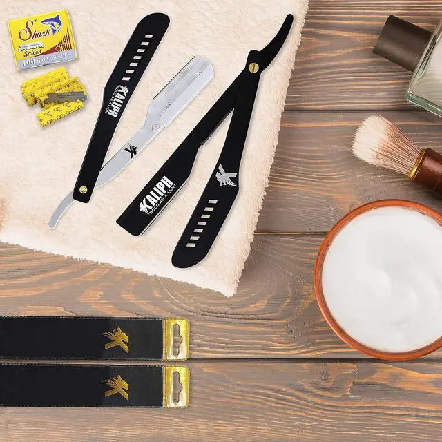 Alt view image 2 of 7 - Kaliph Professional Straight Razor For Men - Premium Pack of 2 Straight Edge Barber Razor With 100 Blades - Smooth Shaving Men's Manual Cut Throat Shaver Safety Kit (Black)