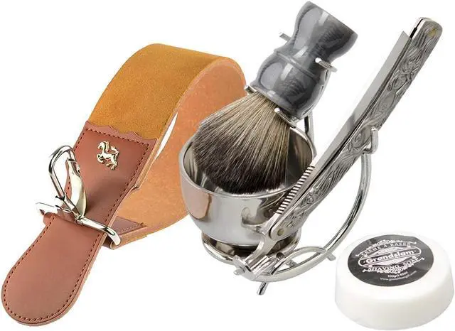 Main image of Grandslam Shaving Straight Razor Kit, Steel Cutthroat Straight Razor With Leather Strop, Shave Brush, Stainless Steel Shaving Bowl and Stand, Gift for Men
