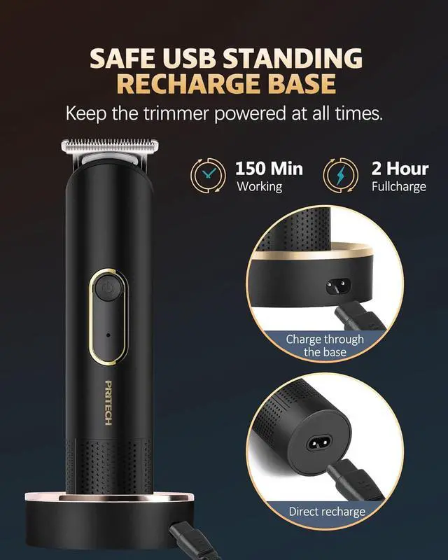 Alt view image 3 of 7 - PRITECH Beard Trimmer for Men - Rechargeable Men's Electric Trimmer & Razor, Cordless Body Groomer for Face, Neck, Groin & Manscaping, Includes Standing Charging Dock, Ideal Gift for Men, Black