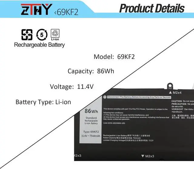 Alt view image 3 of 7 - ZTHY 69KF2 Laptop Battery Replacement for Dell XPS 15 9500 9510 9520 Precision 5550 5560 5570 G15 5530 G16 7620 7630 Vostro 7510 Alienware M15 R3 R4 R5 R6 R7 M16 R1 M17 R3 R4 Series 11.4V 86Wh 6Cell