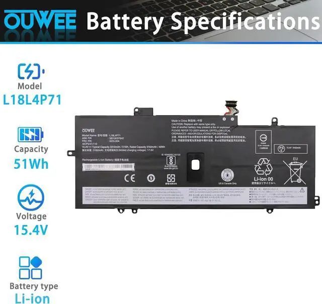 Main image of L18L4P71 L18C4P71 Laptop Battery Compatible with Lenovo ThinkPad X1 Yoga 4th 5th Gen/X1 Carbon 7th 8th Gen Serie 02DL004 SB10K97642 02DL005 L18M4P72 SB10K97643 02DL006 SB10K97644 15.4V 51Wh
