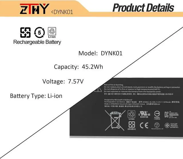 Alt view image 3 of 7 - ZTHY DYNK01 G3HTA036H Battery Replacement for Microsoft Surface 1st Gen Laptop 1769 2017, Surface Laptop 1782 13.5'', 2-LQN-00004 KSR-00001 DAG-00003 7.57V 45.2Wh 5970mAh 4-Cell with Tools