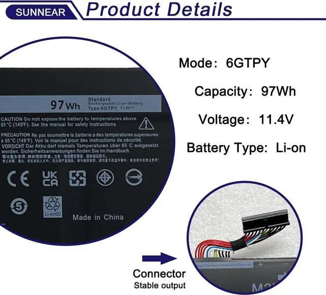 Alt view image 2 of 5 - 97Wh 6GTPY Laptop Battery Replacement for Dell XPS 15 9550 9560 9570 7590 Precision 5510 5520 5530 M5510 M5520 Inspiron 15 7500 7501 7590 7591 Vostro 7500 7590 5XJ28 GPM03 5D91C 5041C 11.4V