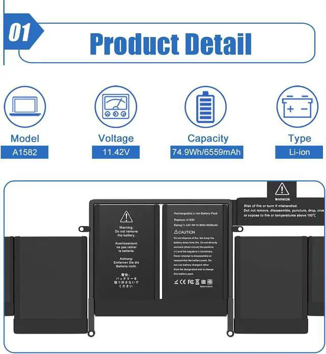 Alt view image 2 of 6 - Dentsing A1582 A1502 MacBook pro Laptop Battery Replacement for MacBook Pro 13 Inch Retina A1502 (Early 2015 Mid 2014 Late 2013) Laptop Battery A1493 A1582 [6559mAh 11.42V 74.9Wh]