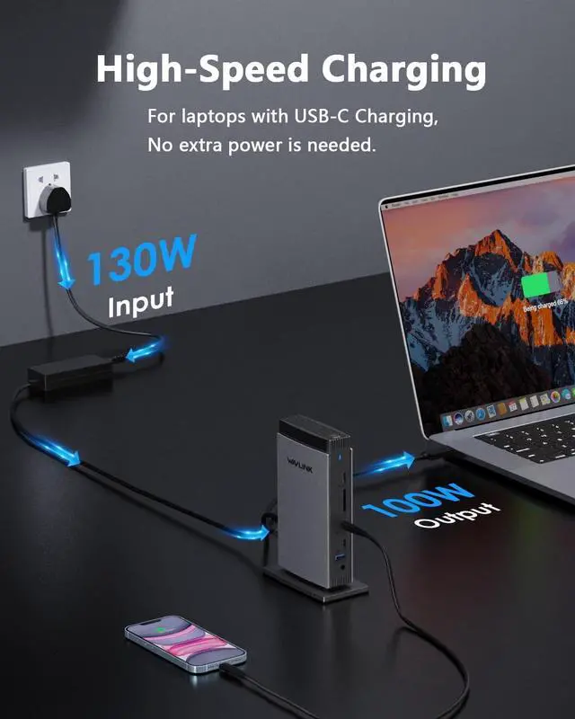 Alt view image 4 of 6 - WAVLINK Docking Station 3 Monitors, Triple 4K@60Hz for MacBook M1/M2/M3/M4/Windows, Displaylink Dock with 3X HDMI or 2X DisplayPort, 130WPD,5 USB Ports, Ethernet, Audio, SD/TF