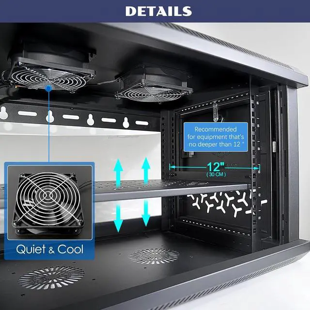 Alt view image 3 of 6 - 6U Wall Mount Server Cabinet with A Lockable Front Vented Door, Cooling Fans, Removable Side Panels - 45cm Depth, 19" Network Rack Including Full-Size Rack Shelf for IT Equipment
