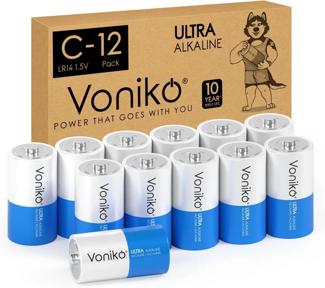 Main image of Voniko Ultra Alkaline C Batteries, C Size LR14 Batteries 12 Pack 10-Year Shelf Life and 6-9 Times The Power as Carbon Batteries, C Cell 1.5 Volt Battery