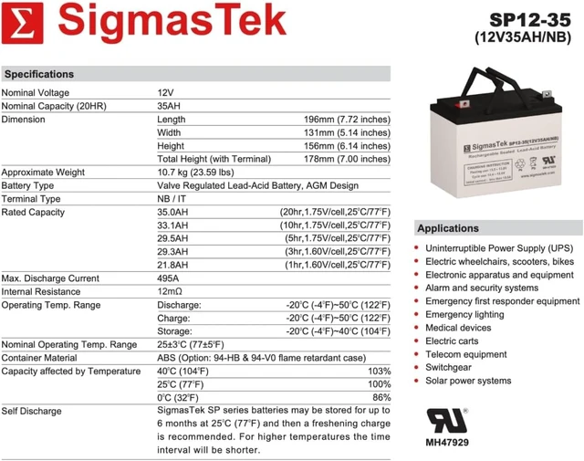 Alt view image 3 of 6 - SigmasTek Genuine 12 Volt 35 AmpH SLA Battery with NB Terminals