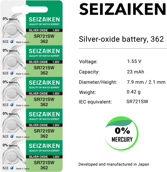 Alt view image 2 of 7 - 362 SR721SW 1.55V 0% Hg Silver Oxide Watch Battery (100 Batteries) Made in Japan by Seiko