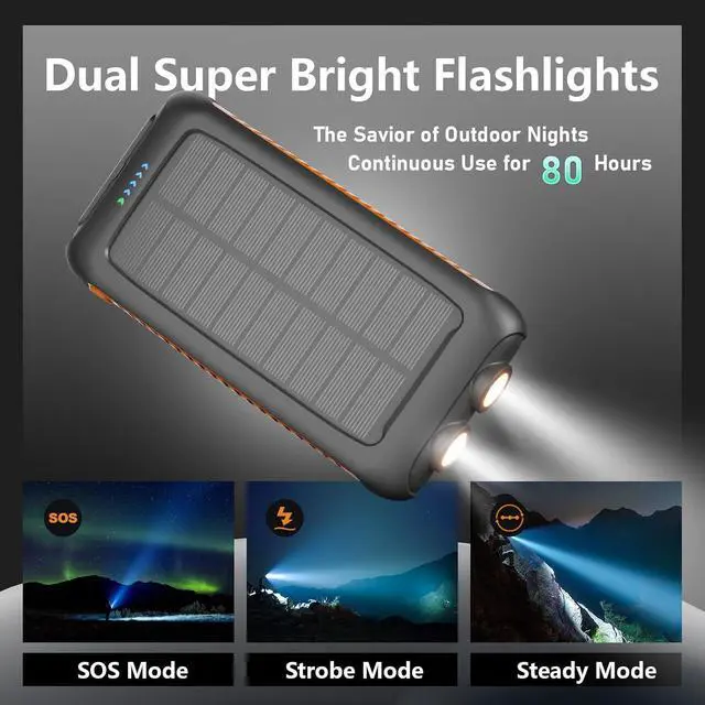 Alt view image 6 of 7 - Solar Charger Power Bank 49800mAh Portable Solar Phone Charger with 2 USB-A & USB-C Ports 15W Fast Charging for iPhone and More Dual Flashlightfor Camping Travel & Emergency Backup