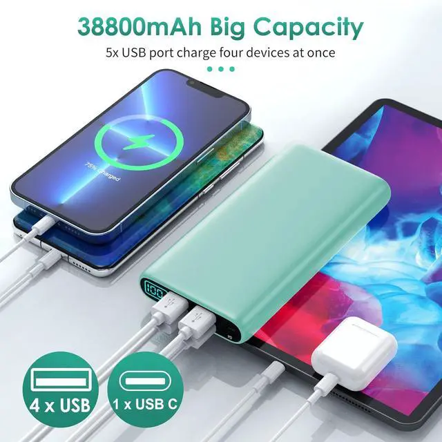 Alt view image 4 of 7 - Portable Charger 38800mAh,LCD Display Power Bank,5 USB Outputs Battery Pack Backup, USB-C 3A in&out Travel Essential Portable Phone Charger For iPhone 17/16/15/14/13 Pro,Android Samsung Galaxy-Green