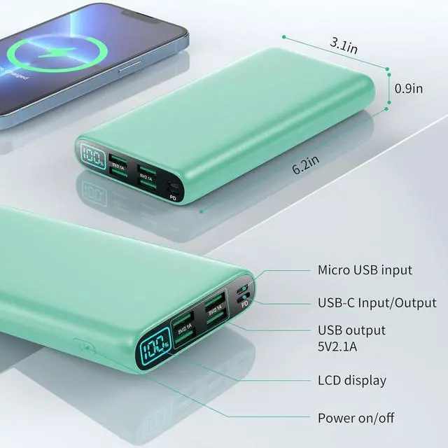 Alt view image 5 of 7 - Portable Charger 38800mAh,LCD Display Power Bank,5 USB Outputs Battery Pack Backup, USB-C 3A in&out Travel Essential Portable Phone Charger For iPhone 17/16/15/14/13 Pro,Android Samsung Galaxy-Green
