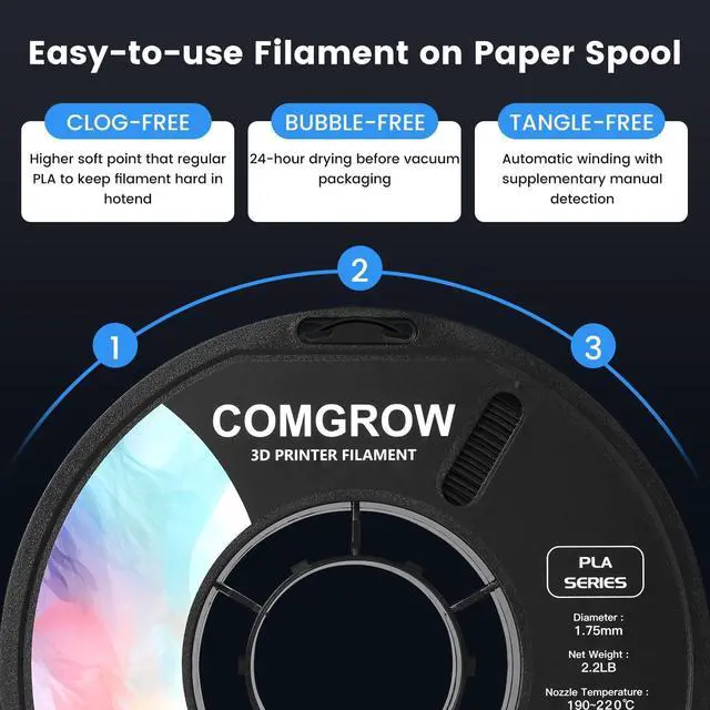 Alt view image 6 of 7 - Comgrow PLA 3D Printer Filament, 3D Printer PLA Filament 1.75mm, Dimensional Accuracy +/- 0.02 mm, 1KG Spool PLA Black