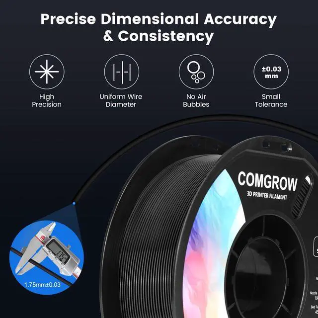 Alt view image 7 of 7 - Comgrow PLA 3D Printer Filament, 3D Printer PLA Filament 1.75mm, Dimensional Accuracy +/- 0.02 mm, 1KG Spool PLA Black