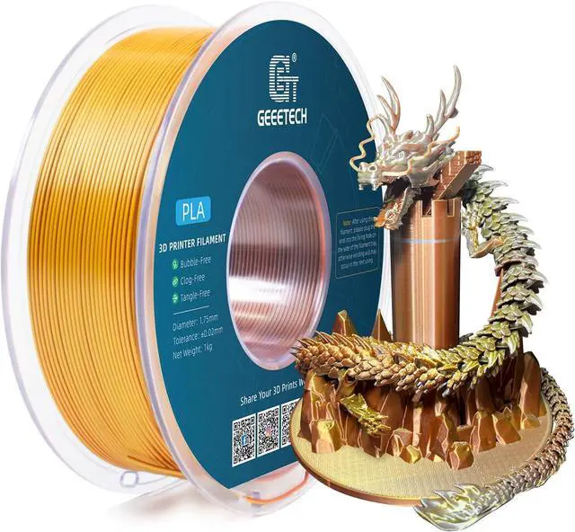 Main image of Geeetech 3D Printer Silk PLA Tri-Color Filament, Metal-Like Shiny Silk Filament 1.75mm 1kg (2.2lbs) Spool, Dimensional Accuracy +/- 0.02 mm, Tri-Color Gold Silver Copper