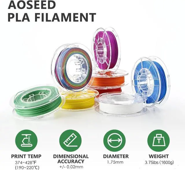 Alt view image 2 of 7 - AOSEED 3D Printer Filament Bundle, 1.75mm (±0.03mm) PLA Filament Set for Most 3D Printers, 8-Pack 200g (0.44lbs) Per Spool, Purple, Green, Blue, Yellow, White, Iridescent, Red, Orange