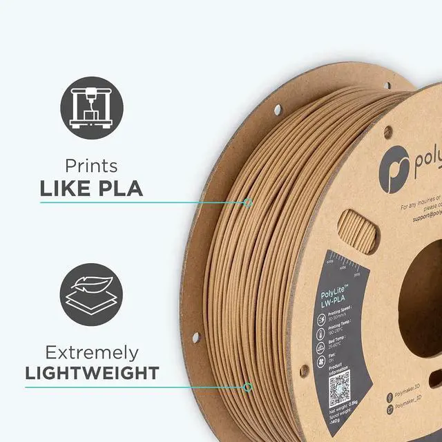 Alt view image 5 of 7 - Polymaker Light Weight PLA Filament 1.75mm Wood 0.8kg, PolyLite 3D Printer PLA Filament Wood Low Density, Print with Most 3D Printers