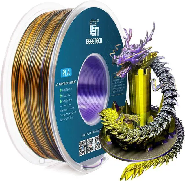 Main image of Geeetech Silk PLA Tri Color Filament 1.75mm 3D Printer Filament, Coextrusion Purple Gold Black Tri-Colors Metal-Like Shiny Silk PLA Filament, 1kg (2.2lbs) 1 Spool, Dimensional Accuracy +/- 0.02 mm