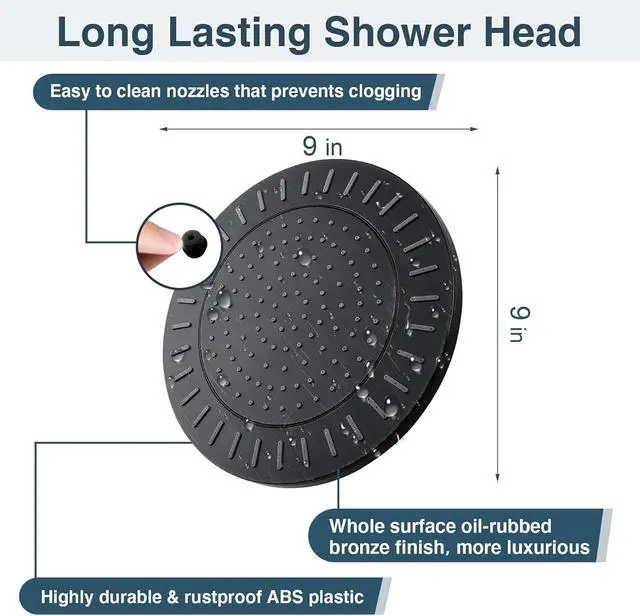 Alt view image 2 of 7 - BRIGHT SHOWERS Rain Shower Head, 9 Inch High Pressure Waterfall Showerhead with Adjustable Angle and Anti-clogging Silicone Nozzles, Luxury Bathroom Overhead Shower, Oil-Rubbed Bronze