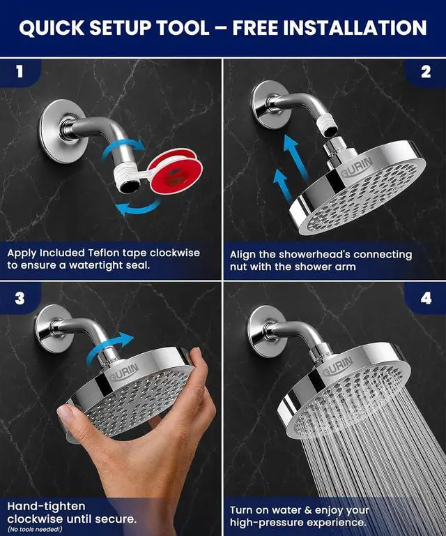 Alt view image 4 of 7 - GURIN Shower Head - Powerful High Pressure Rain Shower Head 6 Inch - Luxury Rainfall Showerhead with Adjustable Angles, 90 Anti-Clog Nozzles, Tool-Free 1-Min Install, Premium Polished Chrome Finish
