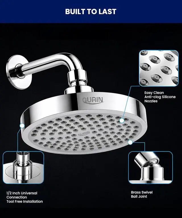 Alt view image 5 of 7 - GURIN Shower Head - Powerful High Pressure Rain Shower Head 6 Inch - Luxury Rainfall Showerhead with Adjustable Angles, 90 Anti-Clog Nozzles, Tool-Free 1-Min Install, Premium Polished Chrome Finish