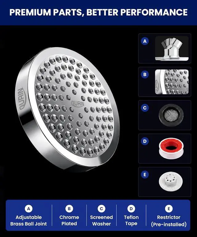Alt view image 7 of 7 - GURIN Shower Head - Powerful High Pressure Rain Shower Head 6 Inch - Luxury Rainfall Showerhead with Adjustable Angles, 90 Anti-Clog Nozzles, Tool-Free 1-Min Install, Premium Polished Chrome Finish