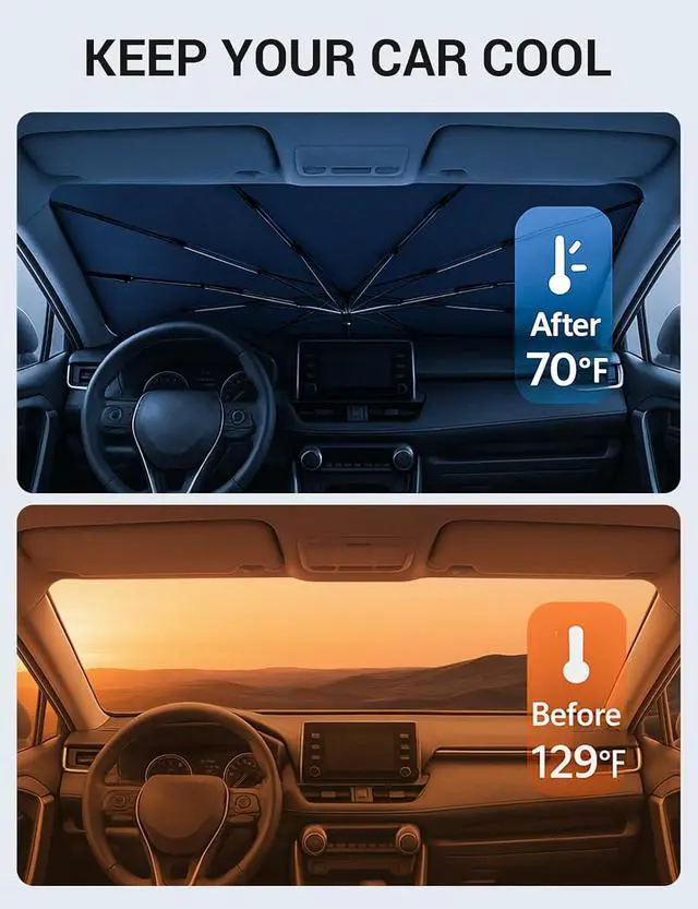 Alt view image 2 of 7 - Proadsy Windshield Sun Shade Umbrella for Toyota Land Cruiser 2024-2025 2026 Foldable Car Umbrella Sunshade with Soft TPU Handle Spring Structure Crystal Cooling Material Protect Car from Rays & Heat