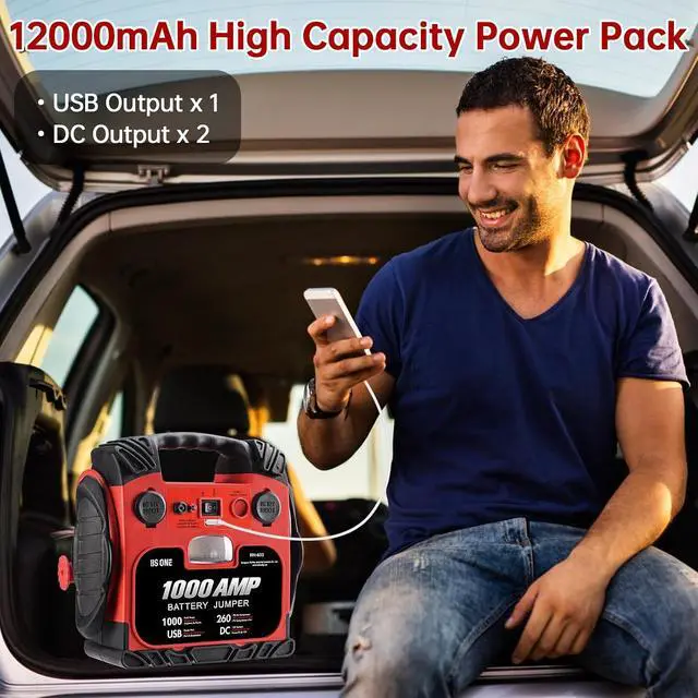 Alt view image 6 of 7 - BS ONE 1000 Amp Peak Current Car Jump Stater, 12V Lead Acid Battey Jump Box with 260PSI Air Compressor, Jump Starter Battery Pack with Led Light & USB Output