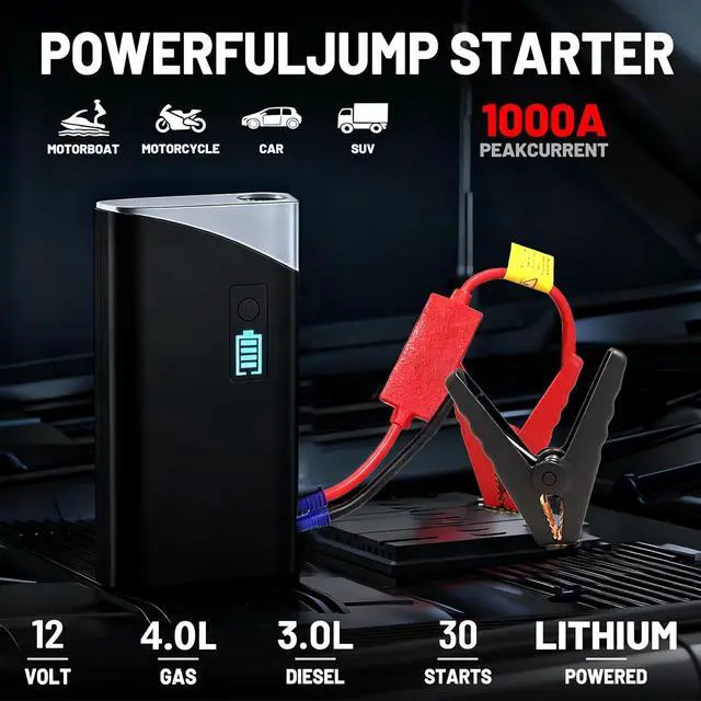 Alt view image 2 of 7 - Portable Jump Starter 1000A Peak 12V Car Battery Booster Pack with 19V Output and Cigarette Lighter Adapter, Power Bank with LED Flashlight for Car, Truck, Motorcycle, and Boat