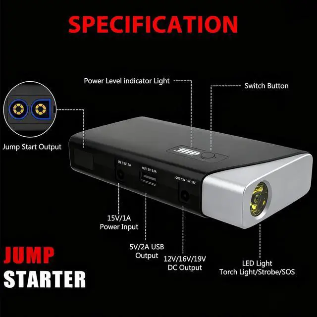 Alt view image 6 of 7 - Portable Jump Starter 1000A Peak 12V Car Battery Booster Pack with 19V Output and Cigarette Lighter Adapter, Power Bank with LED Flashlight for Car, Truck, Motorcycle, and Boat