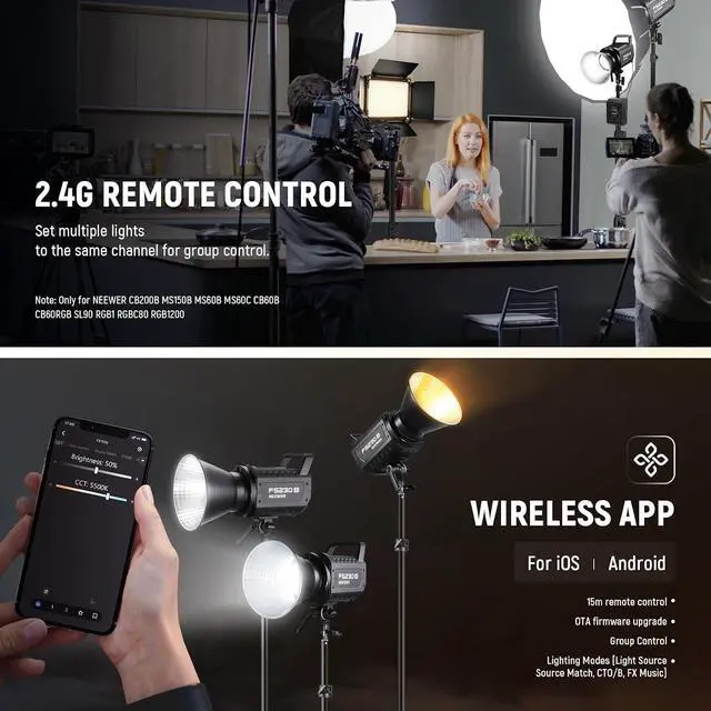 Alt view image 7 of 7 - NEEWER FS150B LED Video Light 2.4G/APP Control,130W Bi Color COB Silent Photography Continuous Output Lighting with 4 Types Precise Dimming, 72000lux/1m, 2700K-6500K, CRI 97+,12 Effects, Bowens Mount