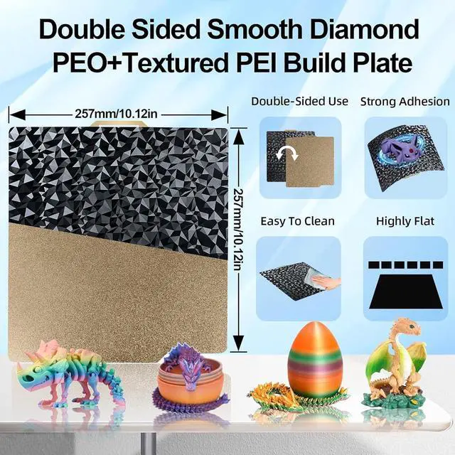 Alt view image 4 of 7 - IdeaFormer Smooth Diamond PEO+Textured PEI Plate for Bambu Lab X2D X1 X1C X1E P1P P1S P2S A1, Double Sided Textured PEO PEI 257x257mm P2S P1S Build Plate for Bambu Lab Series 3D Printers