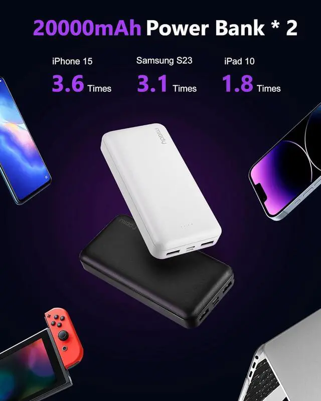 Alt view image 2 of 7 - Miady Portable Charger, 2-Pack 20000mAh Battery Pack PD 22.5W USB Output Ports and Type C Fast in&Out Travel Fast Charging Power Bank Compatible with iPhone 16/15/14/13/12/X Galaxy 24/22 iPad Android