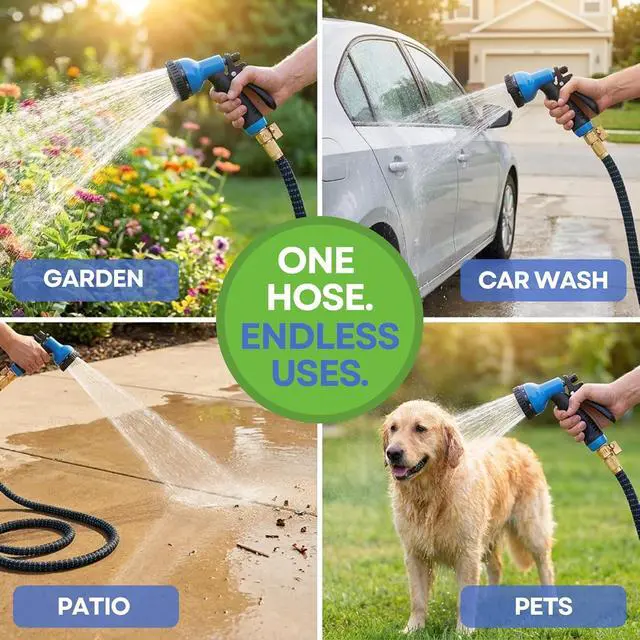 Alt view image 2 of 7 - J&B XpandaHose 75ft Expandable Garden Hose with Holder - Heavy Duty Superior Strength 3750D - 4 -Layer Latex Core - Extra Strong Brass Connectors and 10 Spray Nozzle w/Storage Bag (Blue 75)