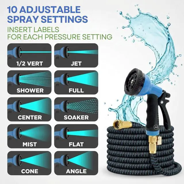 Alt view image 3 of 7 - J&B XpandaHose 75ft Expandable Garden Hose with Holder - Heavy Duty Superior Strength 3750D - 4 -Layer Latex Core - Extra Strong Brass Connectors and 10 Spray Nozzle w/Storage Bag (Blue 75)