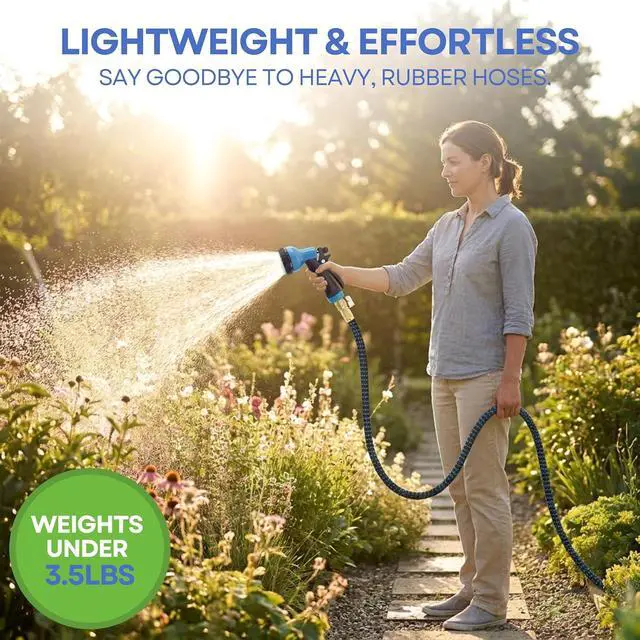 Alt view image 4 of 7 - J&B XpandaHose 75ft Expandable Garden Hose with Holder - Heavy Duty Superior Strength 3750D - 4 -Layer Latex Core - Extra Strong Brass Connectors and 10 Spray Nozzle w/Storage Bag (Blue 75)