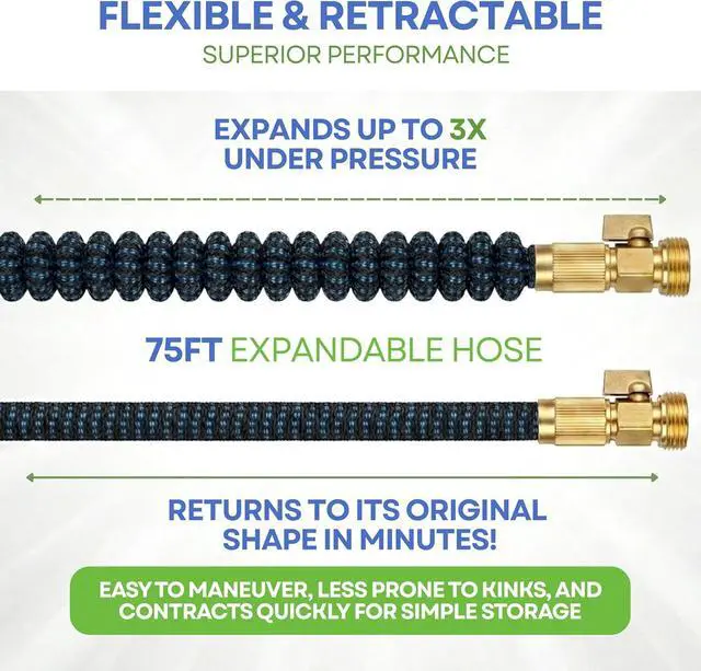 Alt view image 7 of 7 - J&B XpandaHose 75ft Expandable Garden Hose with Holder - Heavy Duty Superior Strength 3750D - 4 -Layer Latex Core - Extra Strong Brass Connectors and 10 Spray Nozzle w/Storage Bag (Blue 75)