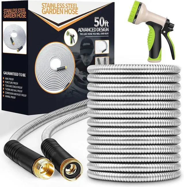 Main image of Garden Hose 50 ft, Stainless Steel Water Hose with 10 Function Nozzle Flexible, Heavy Duty, Lightweight, No-Kink, Pet Proof, Puncture Proof Hose Metal for Yard, Outdoor