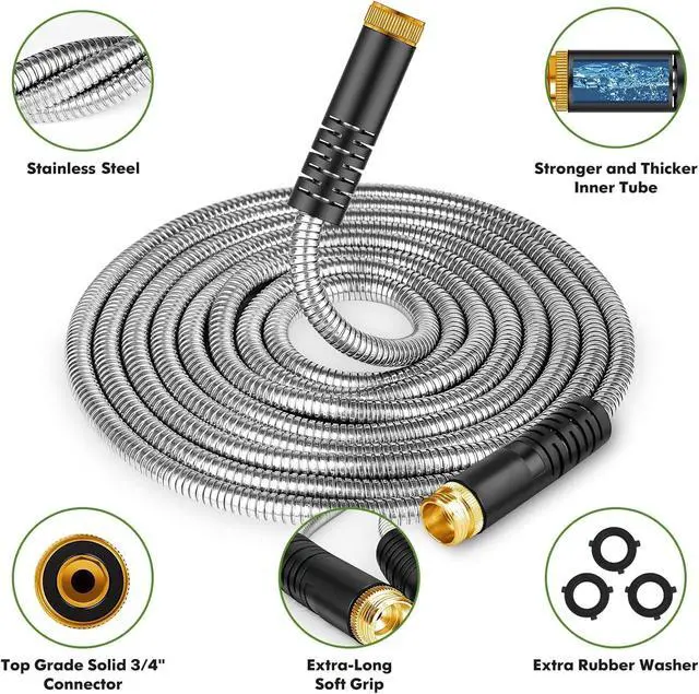 Alt view image 2 of 7 - Garden Hose 50 ft, Stainless Steel Water Hose with 10 Function Nozzle Flexible, Heavy Duty, Lightweight, No-Kink, Pet Proof, Puncture Proof Hose Metal for Yard, Outdoor