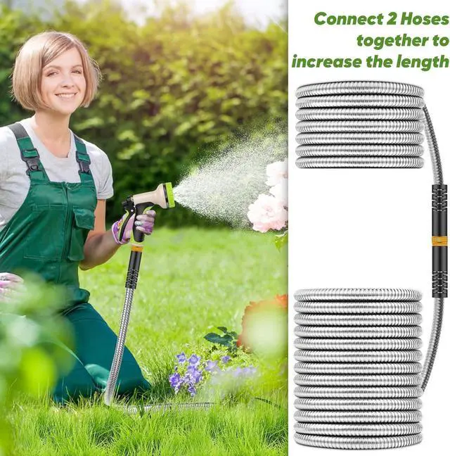 Alt view image 6 of 7 - Garden Hose 50 ft, Stainless Steel Water Hose with 10 Function Nozzle Flexible, Heavy Duty, Lightweight, No-Kink, Pet Proof, Puncture Proof Hose Metal for Yard, Outdoor